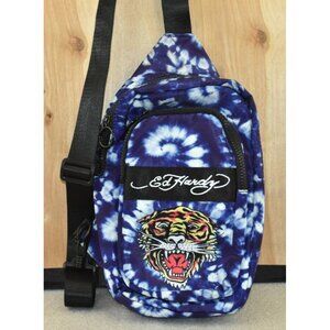 Ed Hardy Blue Tie-Dye Sling Shoulder Bag with Tiger Patch